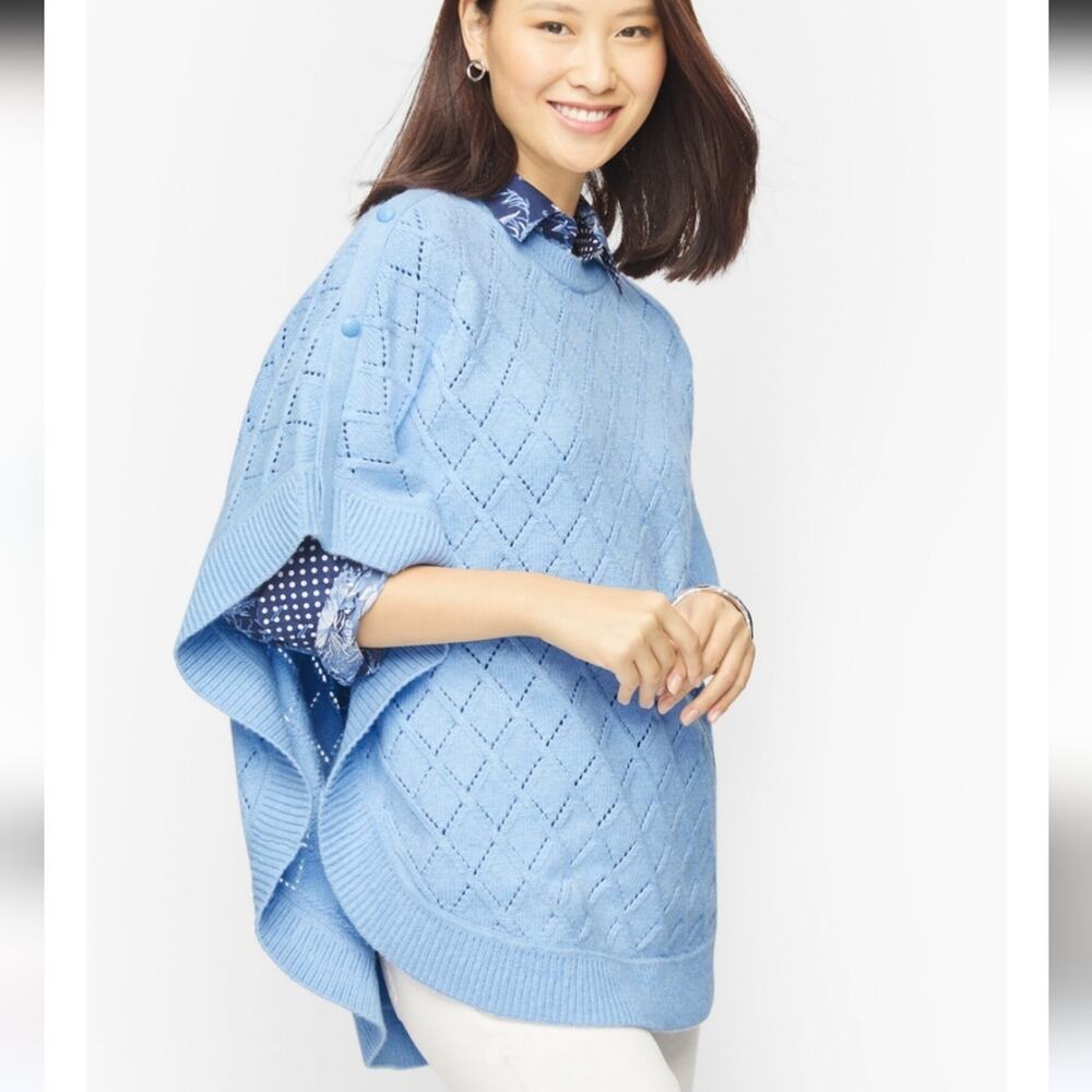 Talbots Pointelle Lattice Round Poncho Light Blue Size X - Picture 1 of 8